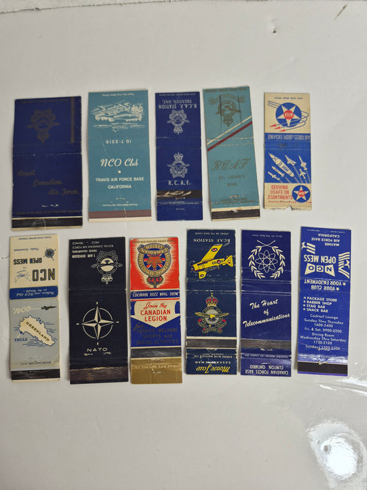 Vintage Military Matchbook Covers – Lot of 11 – RCAF Station Moose Jaw, RCAF Trenton & St. John's – NATO HQ Metz – Canadian Legion – CFB Clinton – USAF Thule, Travis & Mather