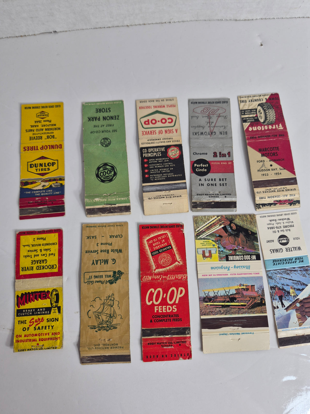 Vintage Saskatchewan Matchbook Covers – Lot of 10 Tall Covers – Co-op Feeds, Massey-Ferguson MF 300 Combine, Dunlop Tires Melfort, Marcotte Motors Hudson Bay, White Rose Service Cupar