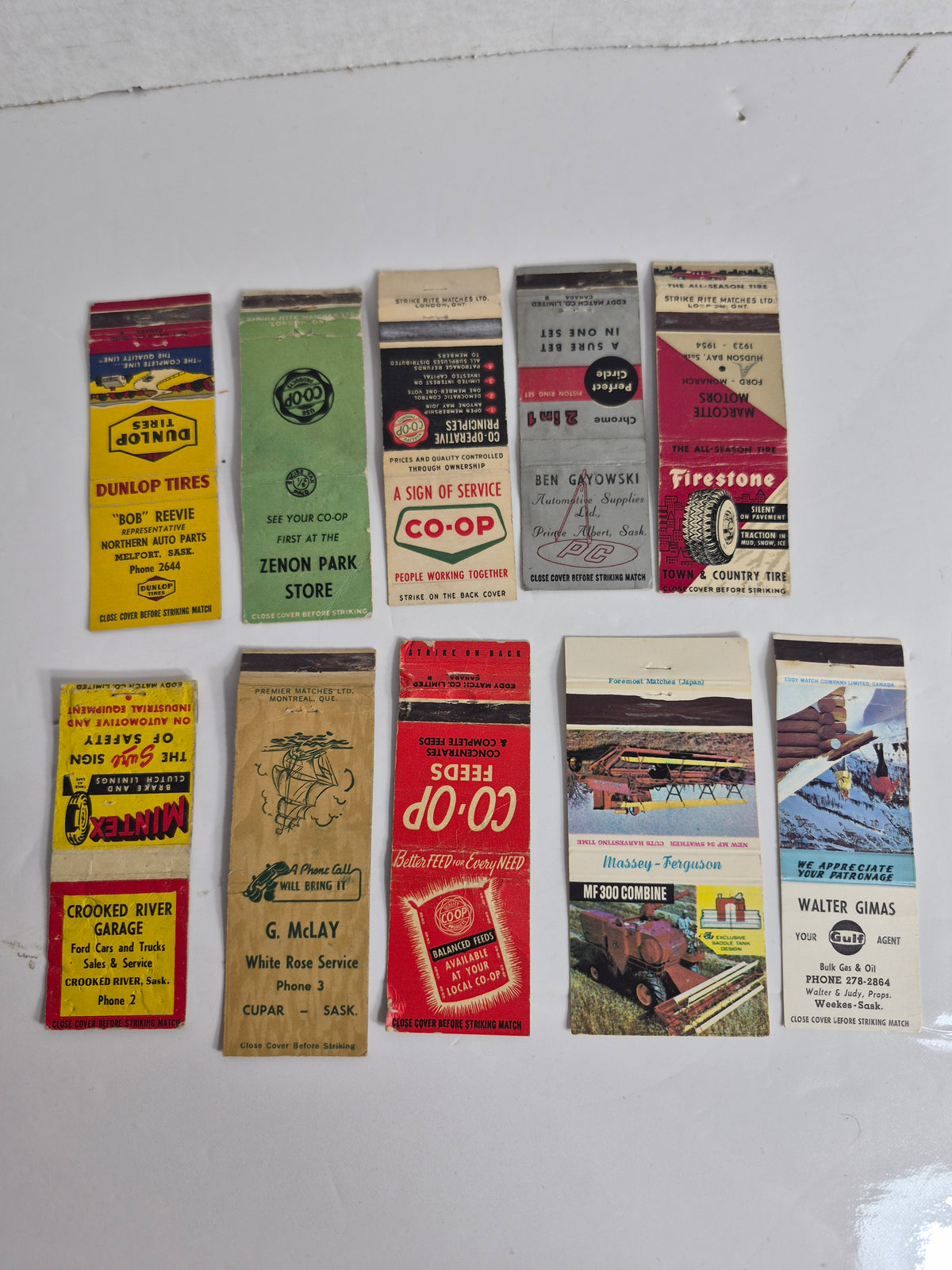 Vintage Saskatchewan Matchbook Covers – Lot of 10 Tall Covers – Co-op Feeds, Massey-Ferguson MF 300 Combine, Dunlop Tires Melfort, Marcotte Motors Hudson Bay, White Rose Service Cupar