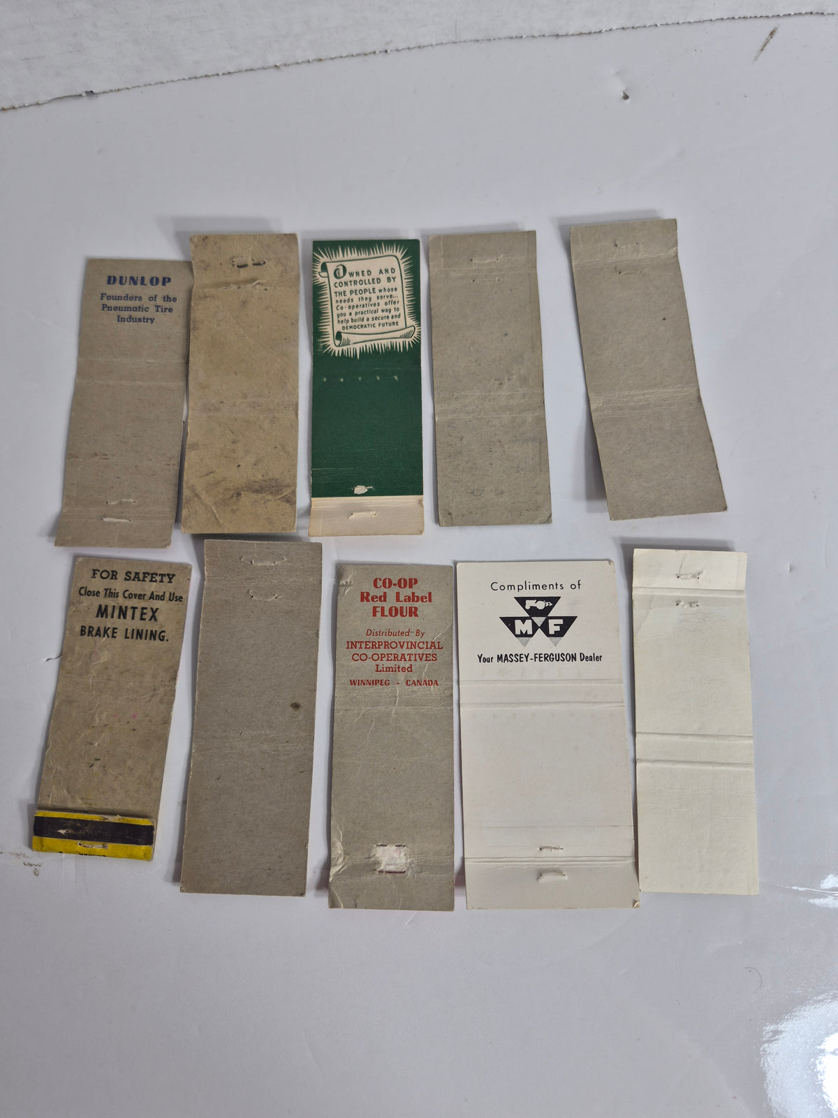 Vintage Saskatchewan Matchbook Covers – Lot of 10 Tall Covers – Co-op Feeds, Massey-Ferguson MF 300 Combine, Dunlop Tires Melfort, Marcotte Motors Hudson Bay, White Rose Service Cupar