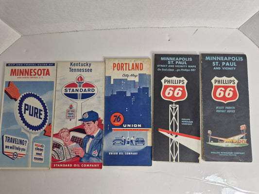 Vintage Gas Station Road Maps – Lot of 5, 1950s–1960s – Pure Oil Minnesota – Standard Oil Kentucky & Tennessee – Union 76 Portland City Map – Phillips 66 Minneapolis–St. Paul, Two Editions
