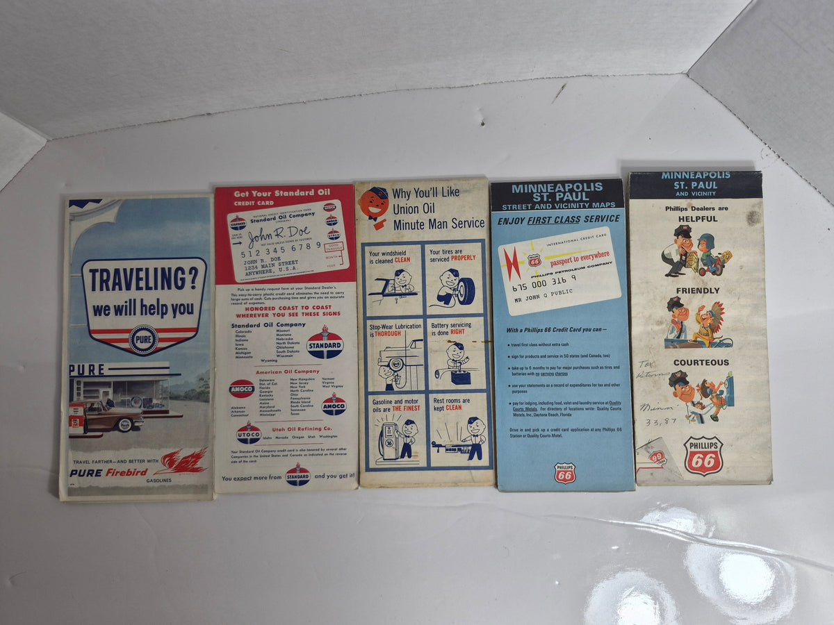 Vintage Gas Station Road Maps – Lot of 5, 1950s–1960s – Pure Oil Minnesota – Standard Oil Kentucky & Tennessee – Union 76 Portland City Map – Phillips 66 Minneapolis–St. Paul, Two Editions