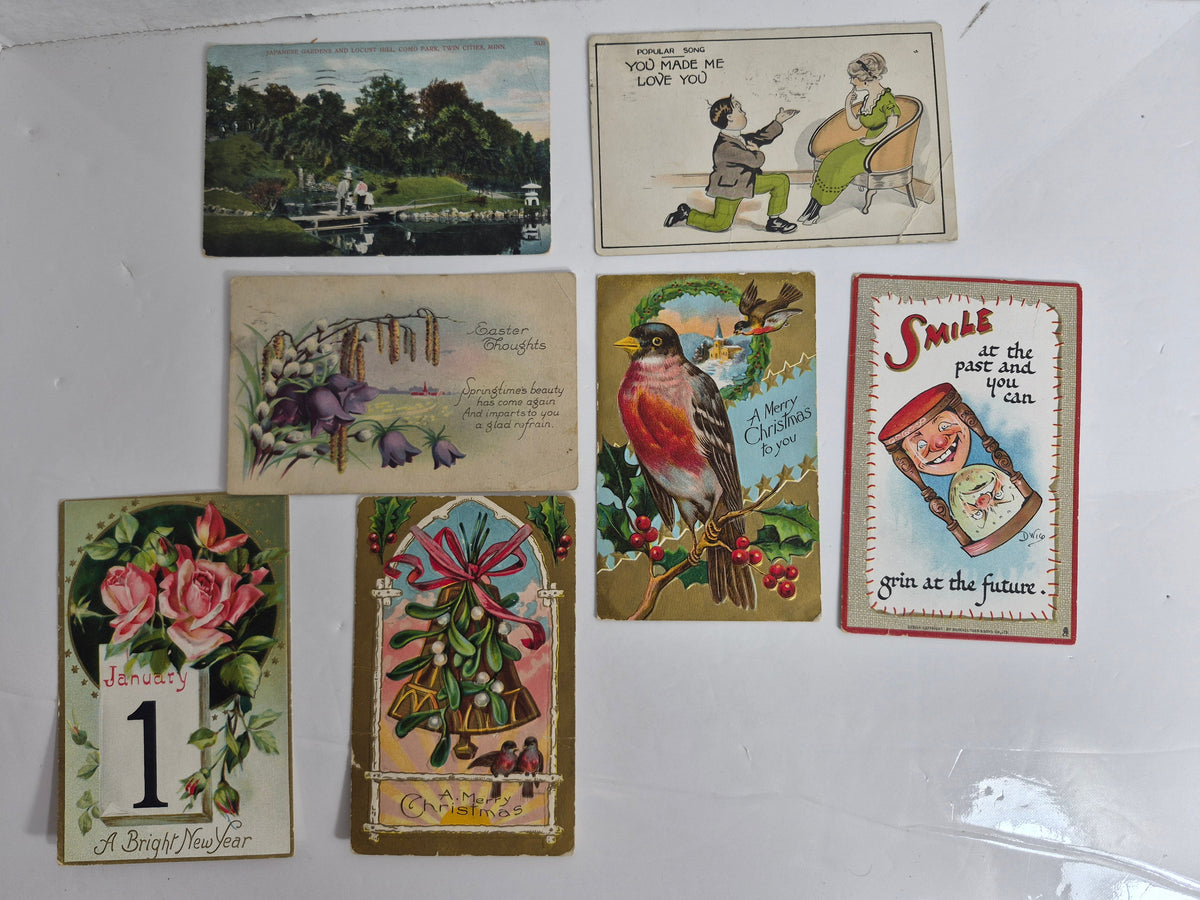 Antique Postcards – Lot of 7, c. 1908–1914 – Raphael Tuck "Smile" Comic by Dwig – Embossed Christmas & New Year Cards – Easter Card – Song Card – Como Park, Minnesota – Prairie Postmarks