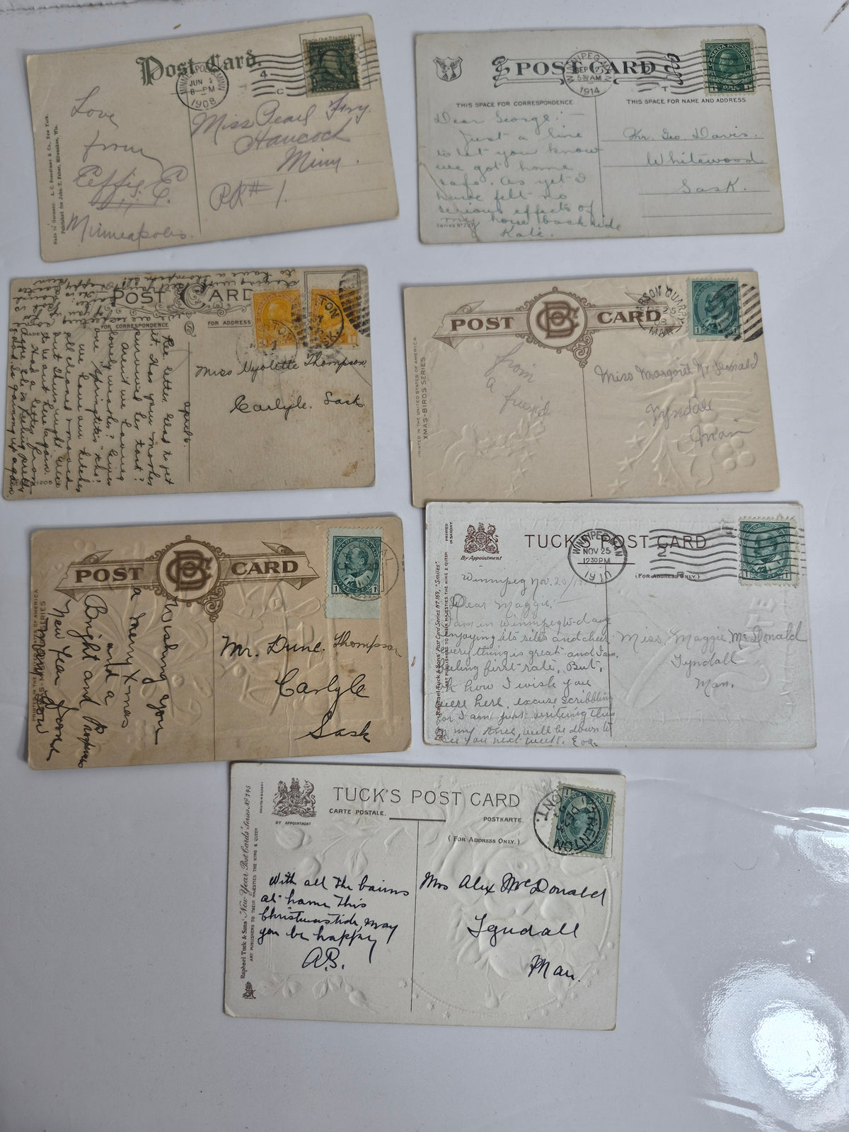 Antique Postcards – Lot of 7, c. 1908–1914 – Raphael Tuck "Smile" Comic by Dwig – Embossed Christmas & New Year Cards – Easter Card – Song Card – Como Park, Minnesota – Prairie Postmarks
