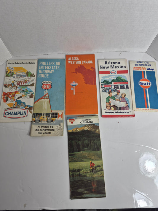 Vintage Gas Station Road Maps – Lot of 6, 1960s – Conoco Western Canada – American Oil Alaska & Western Canada – Phillips 66 – Enco Arizona & New Mexico – Gulf Minnesota & Wisconsin