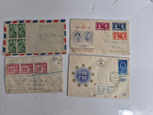 Vintage Stamp Covers – Lot of 4 – Niue 1937 Coronation Set on Cover – Israel 1957 First Day Cover – Malta 1948 Royal Silver Wedding FDC – Fiji Registered Cover to Kitchener, Ontario