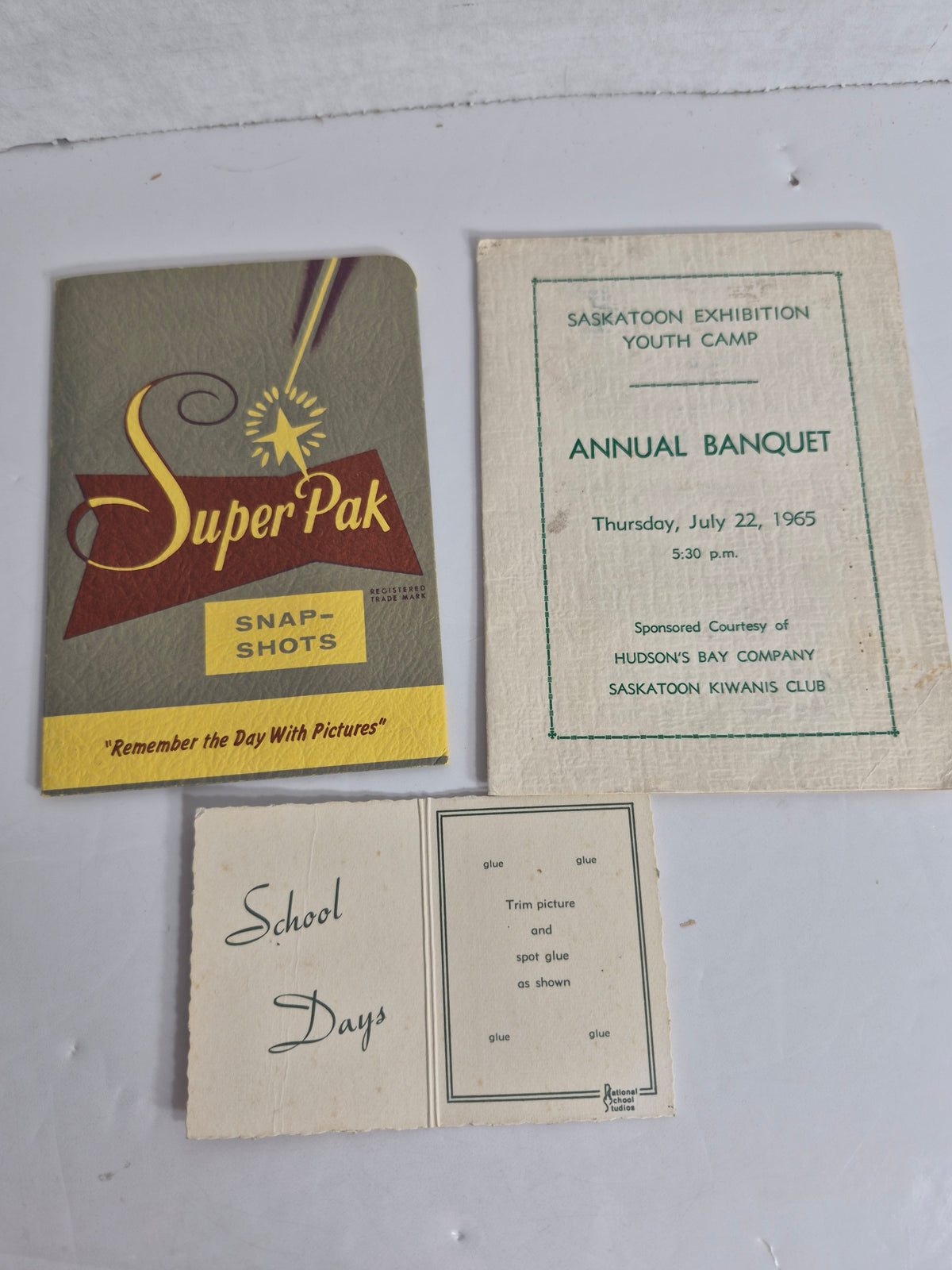Saskatoon Exhibition Youth Camp Annual Banquet Souvenir Program – July 22, 1965 – Kiwanis Club & Hudson's Bay – Plus Super Pak Snapshot Folder & School Days Folder – Saskatoon Ephemera Lot of 3