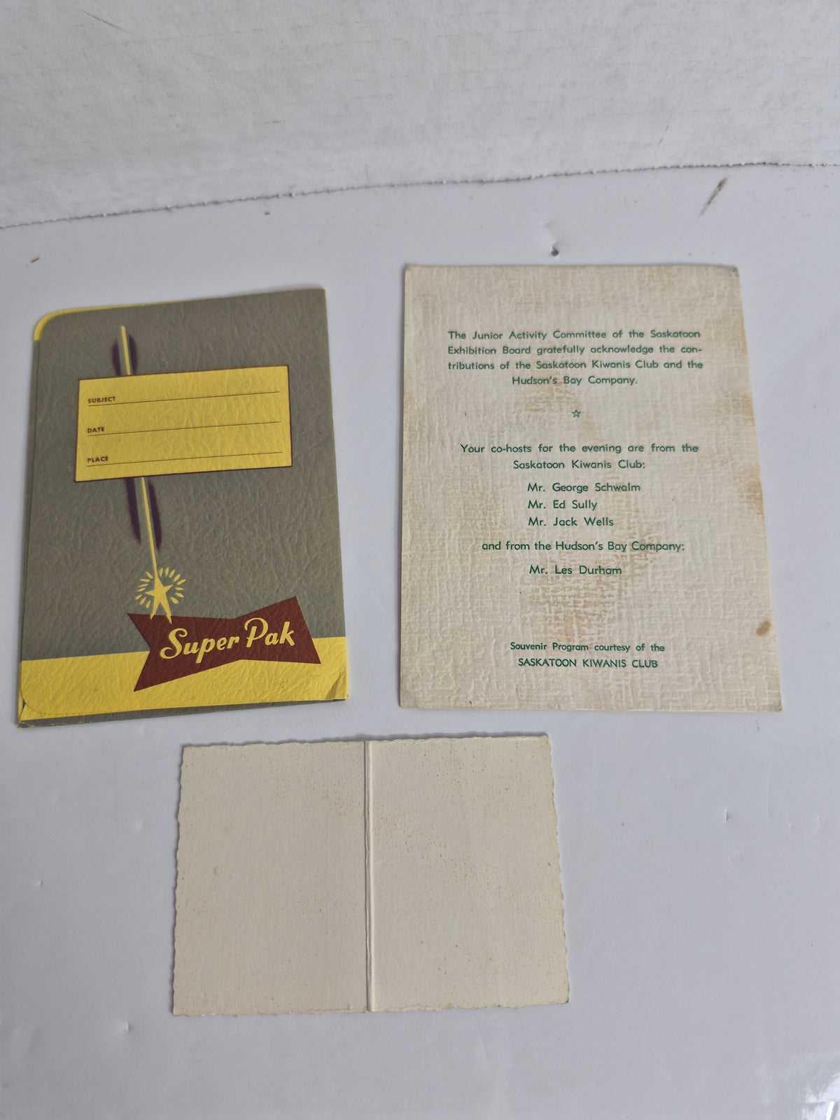 Saskatoon Exhibition Youth Camp Annual Banquet Souvenir Program – July 22, 1965 – Kiwanis Club & Hudson's Bay – Plus Super Pak Snapshot Folder & School Days Folder – Saskatoon Ephemera Lot of 3