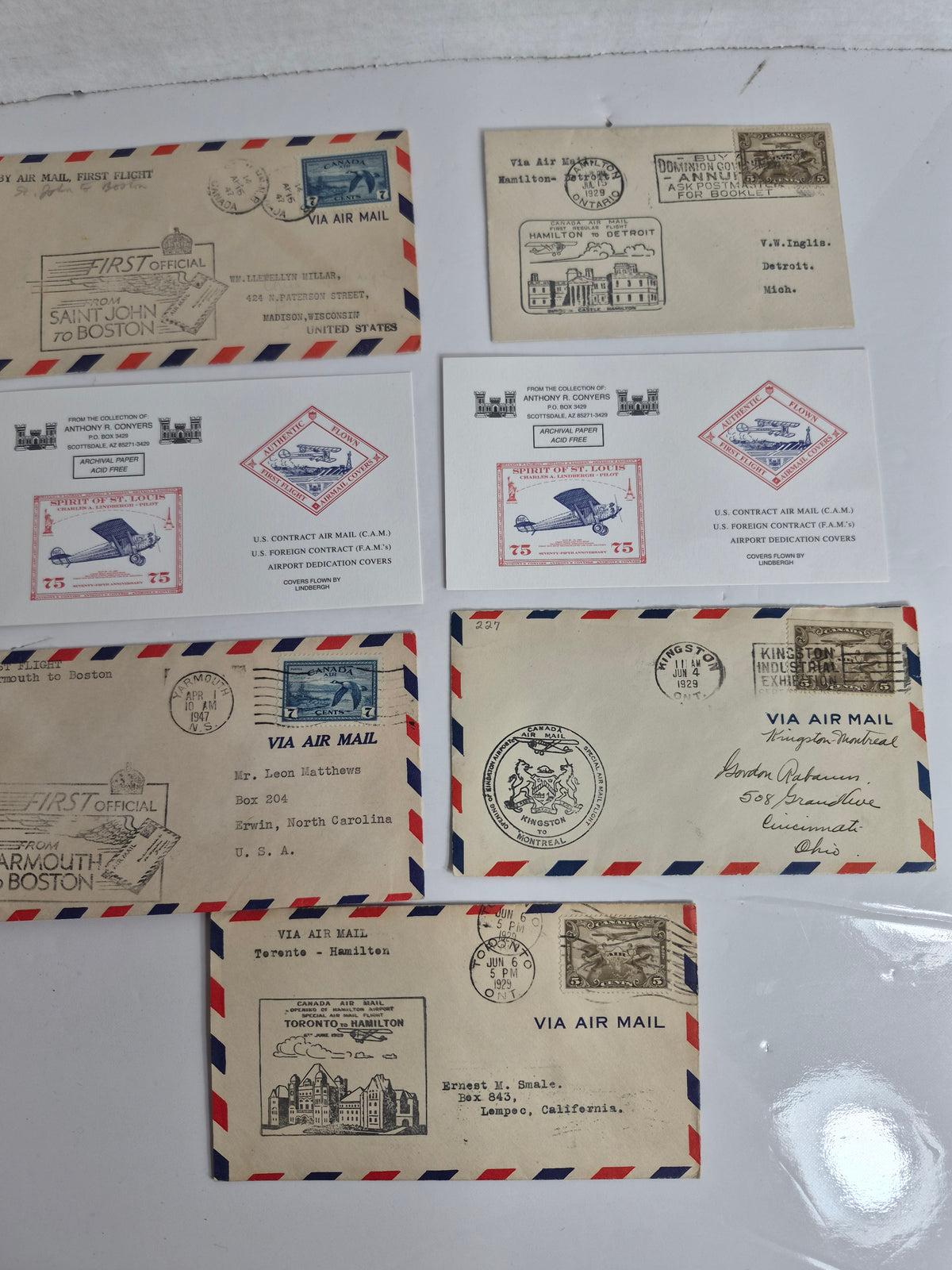 Canadian First Flight Airmail Covers – Lot of 5 Flown Covers, 1929 & 1947 – Toronto, Hamilton, Kingston, Detroit, Boston Routes – Plus 2 Lindbergh Collector Cards