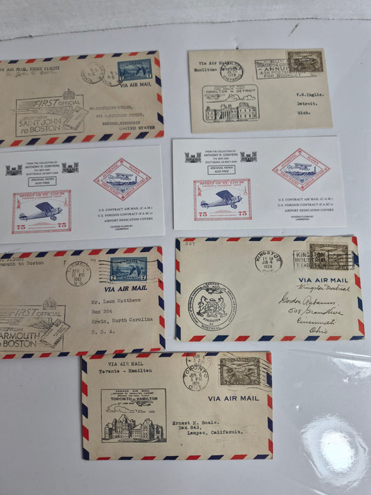Canadian First Flight Airmail Covers – Lot of 5 Flown Covers, 1929 & 1947 – Toronto, Hamilton, Kingston, Detroit, Boston Routes – Plus 2 Lindbergh Collector Cards