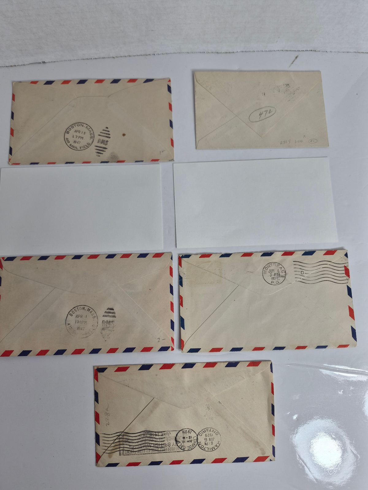 Canadian First Flight Airmail Covers – Lot of 5 Flown Covers, 1929 & 1947 – Toronto, Hamilton, Kingston, Detroit, Boston Routes – Plus 2 Lindbergh Collector Cards