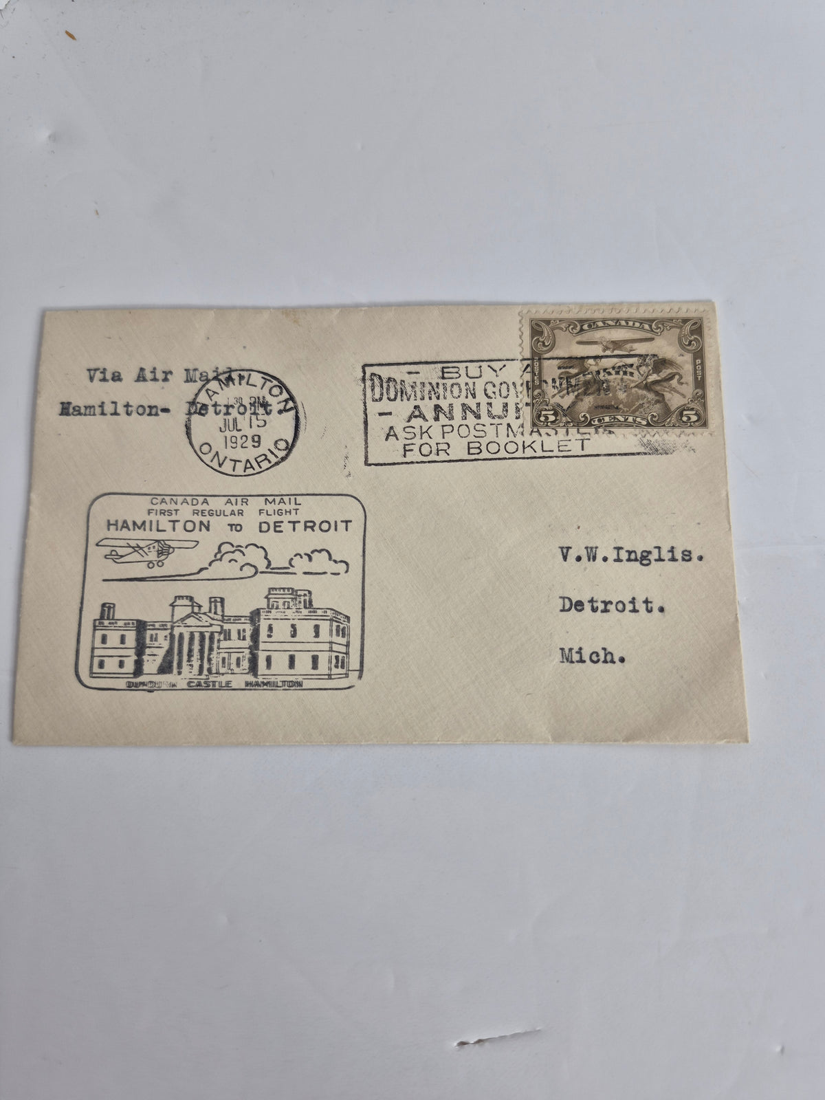 Canadian First Flight Airmail Covers – Lot of 5 Flown Covers, 1929 & 1947 – Toronto, Hamilton, Kingston, Detroit, Boston Routes – Plus 2 Lindbergh Collector Cards