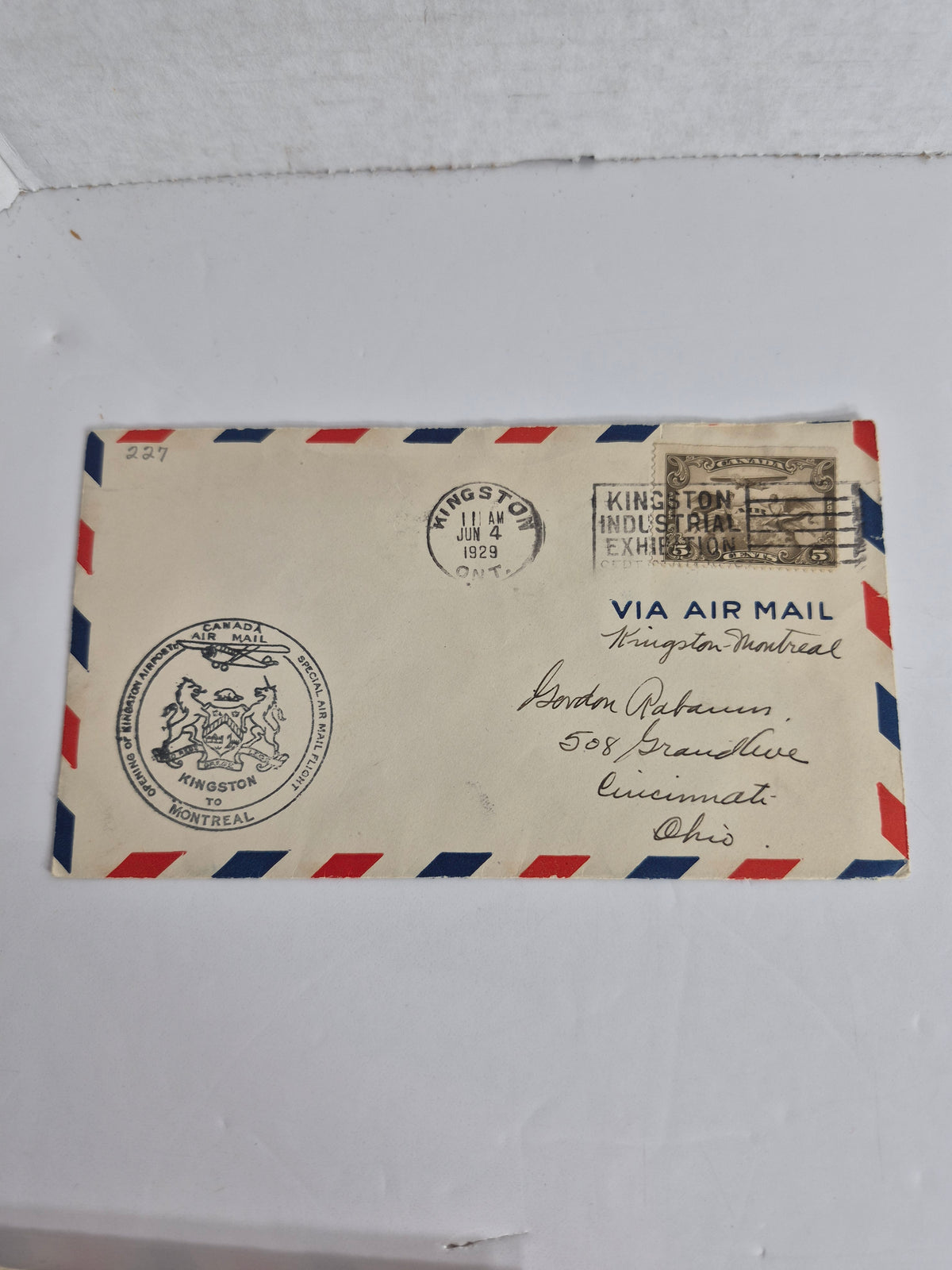 Canadian First Flight Airmail Covers – Lot of 5 Flown Covers, 1929 & 1947 – Toronto, Hamilton, Kingston, Detroit, Boston Routes – Plus 2 Lindbergh Collector Cards