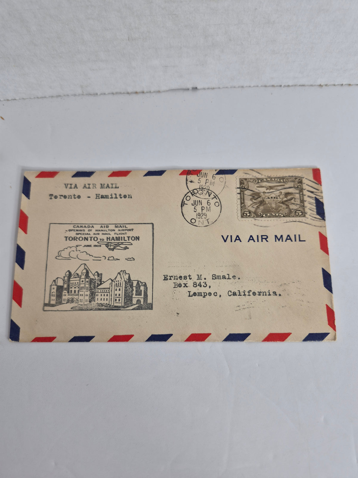 Canadian First Flight Airmail Covers – Lot of 5 Flown Covers, 1929 & 1947 – Toronto, Hamilton, Kingston, Detroit, Boston Routes – Plus 2 Lindbergh Collector Cards