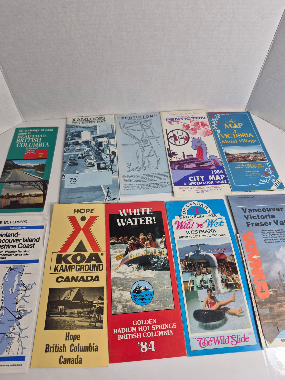 Vintage British Columbia Map & Tourist Brochure Lot of 18 – Road Maps, BC Ferries 1984, Victoria & Butchart Gardens, Kamloops, Penticton, Okanagan, 1960s–1984