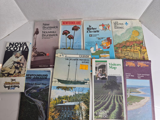 Vintage Eastern Canada Road & Tourist Map Lot of 9 – Nova Scotia, New Brunswick, Newfoundland & Labrador, Prince Edward Island, Québec, 1981 Era + Canadian Metro Maps Book