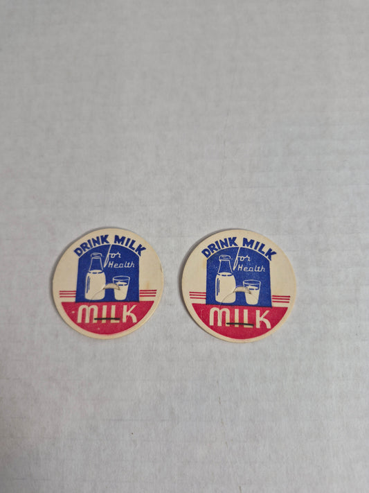 Vintage Milk Bottle Caps – Pair of 2 – "Drink Milk For Health" Cardboard Dairy Caps – 1.5 Inch