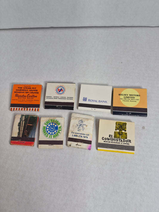 Full Matchbooks Lot of 8 – Sheraton Carlton Winnipeg Beachcomber, Bearing & Transmission Regina, Kelsey Motors Churchill, 1975 Buick, Travelodge