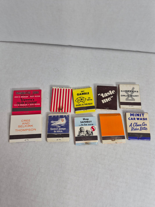 Full Matchbooks Lot of 10 – A&W, Gulf Servico Grandview Manitoba, Texaco, Shoppers Drug Mart, Miller's Chicago, Minit Car Wash Winnipeg