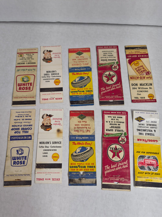 Service Station Matchbook Covers Lot of 10 – Saskatchewan Texaco, Shell, White Rose, Goodyear – Regina, Moose Jaw, Yorkton, Tisdale, Melfort