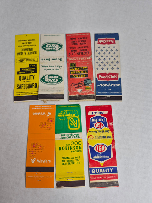 Grocery & Retail Matchbook Covers Lot of 7 – Kozmeniuk's Danbury Saskatchewan, IGA, Robinson Stores, Food Club, Wayfare