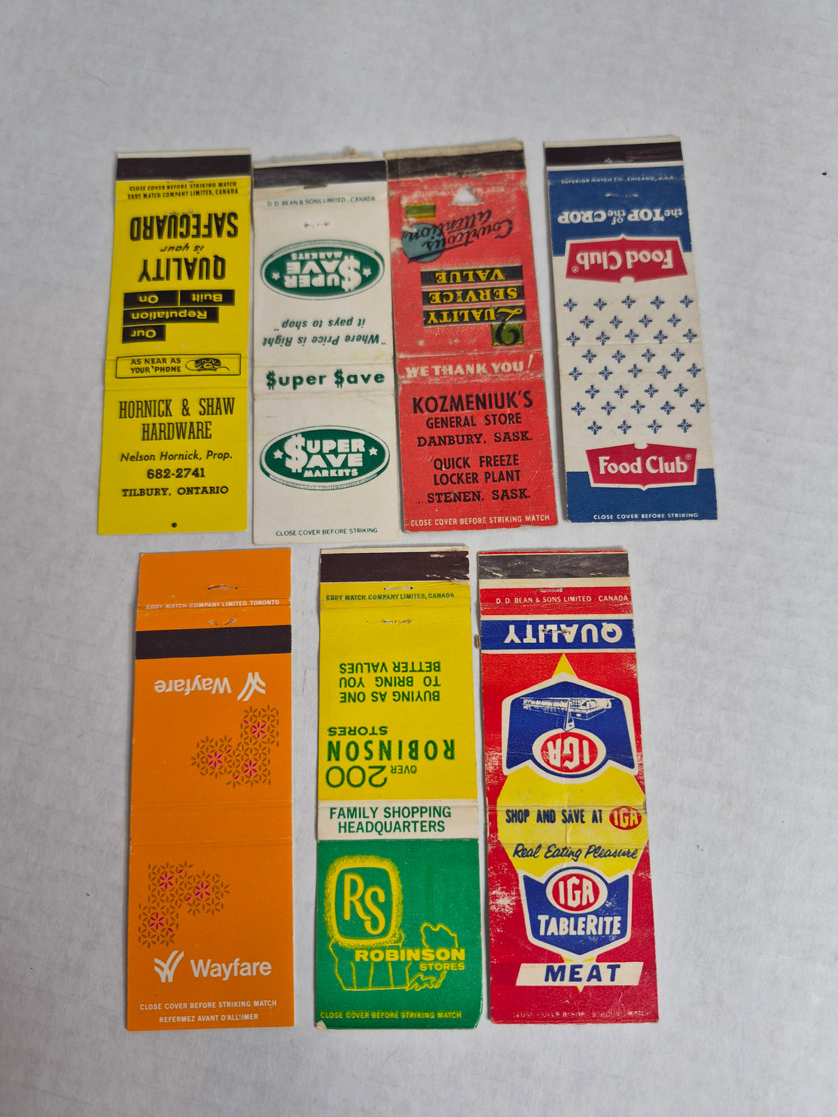Grocery & Retail Matchbook Covers Lot of 7 – Kozmeniuk's Danbury Saskatchewan, IGA, Robinson Stores, Food Club, Wayfare