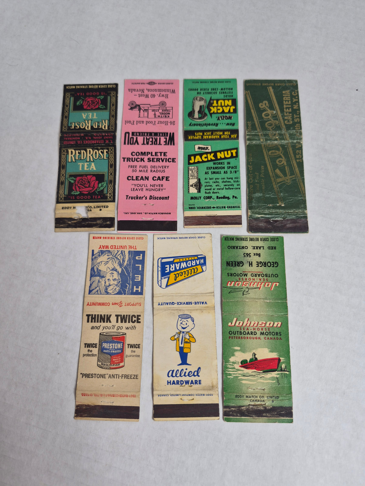 Vintage Matchbook Covers Lot of 7 – Red Rose Tea, Johnson Sea-Horse, Prestone, Keith's Truck Stop Winnemucca, Jack Nut