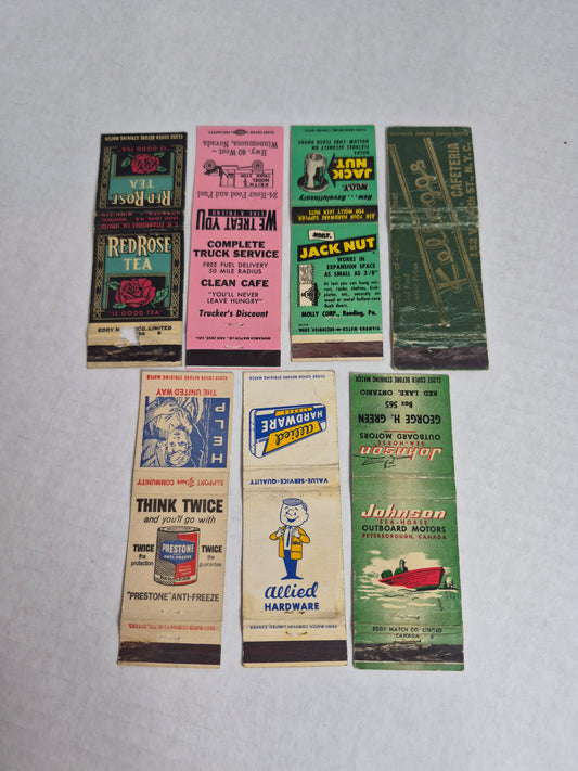 Vintage Matchbook Covers Lot of 7 – Red Rose Tea, Johnson Sea-Horse, Prestone, Keith's Truck Stop Winnemucca, Jack Nut