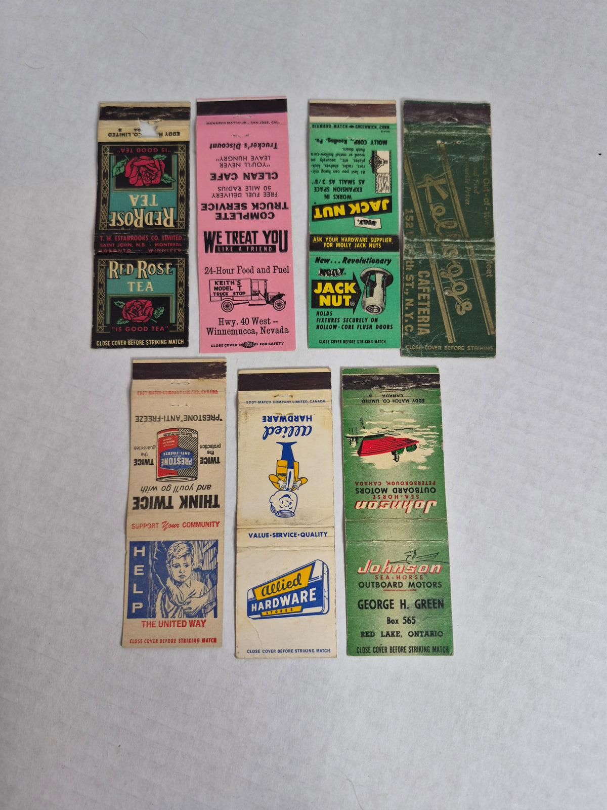 Vintage Matchbook Covers Lot of 7 – Red Rose Tea, Johnson Sea-Horse, Prestone, Keith's Truck Stop Winnemucca, Jack Nut