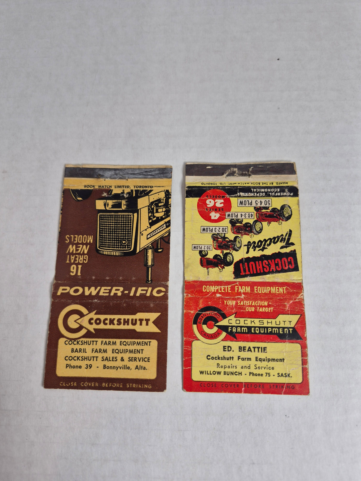Cockshutt Farm Equipment Matchbook Covers Lot of 2 – Willow Bunch Saskatchewan & Bonnyville Alberta – Tractor Artwork