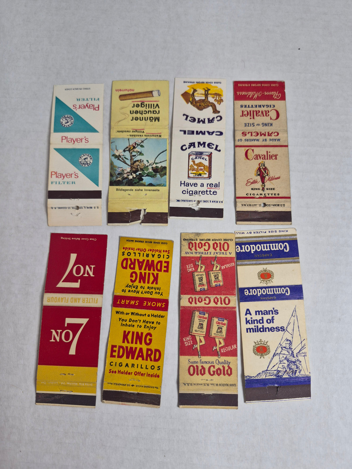 Vintage Tobacco Matchbook Covers Lot of 8 – Camel, Player's, Old Gold, King Edward, No 7, Commodore, Cavalier, Villiger