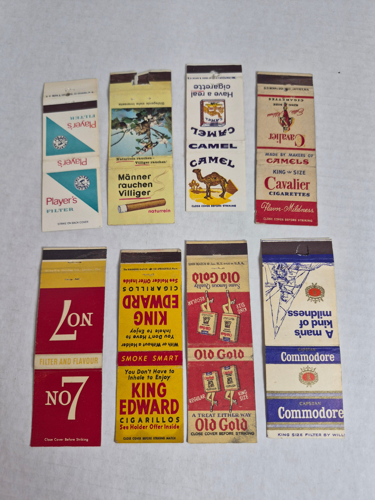 Vintage Tobacco Matchbook Covers Lot of 8 – Camel, Player's, Old Gold, King Edward, No 7, Commodore, Cavalier, Villiger