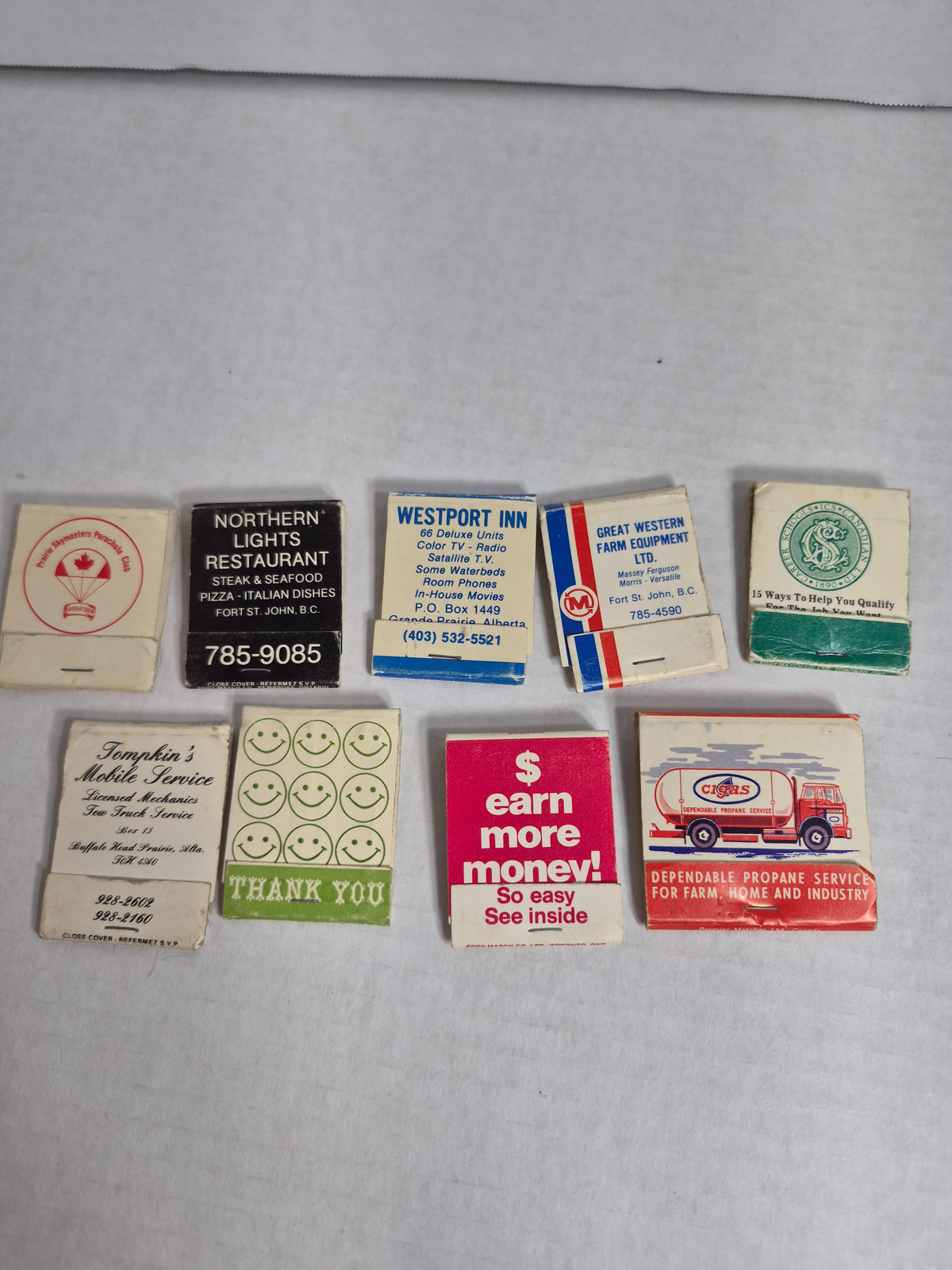 Full Matchbooks Lot of 9 – Western Canada – Saskatoon Prairie Skymasters, Cigas Propane, Fort St. John, Grande Prairie