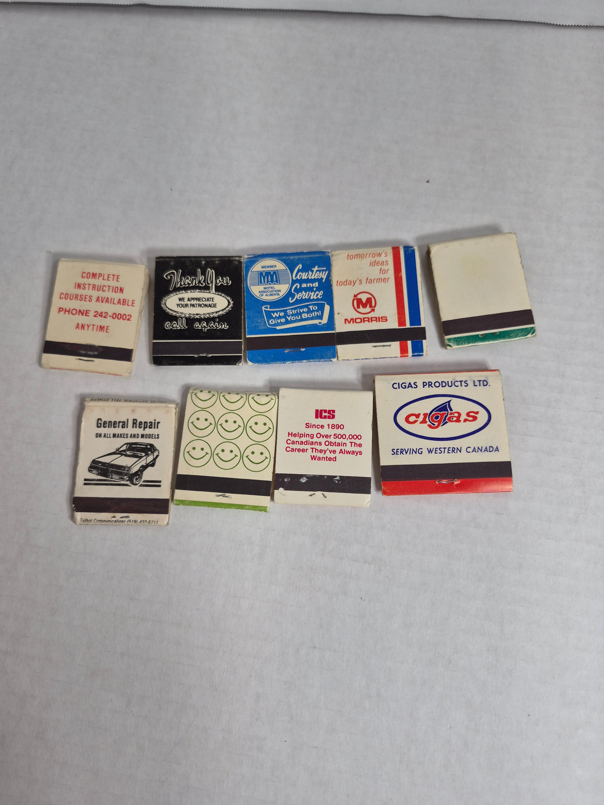 Full Matchbooks Lot of 9 – Western Canada – Saskatoon Prairie Skymasters, Cigas Propane, Fort St. John, Grande Prairie