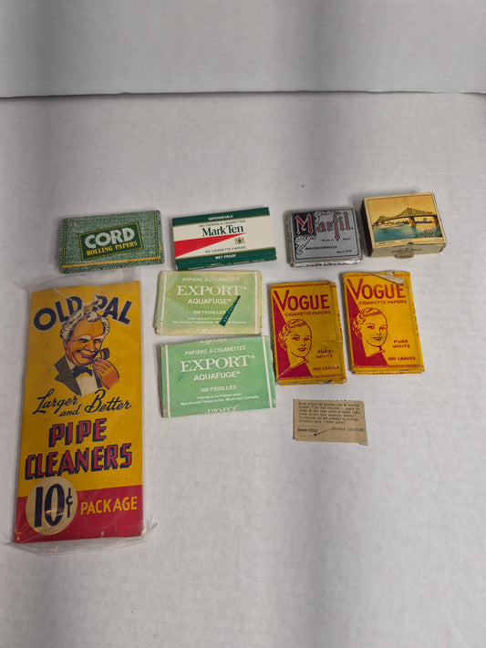 Vintage Cigarette Papers & Tobacco Ephemera Lot of 10 – Vogue, Export Aquafuge, Mark Ten, Marfil, CORD, Old Pal Pipe Cleaners