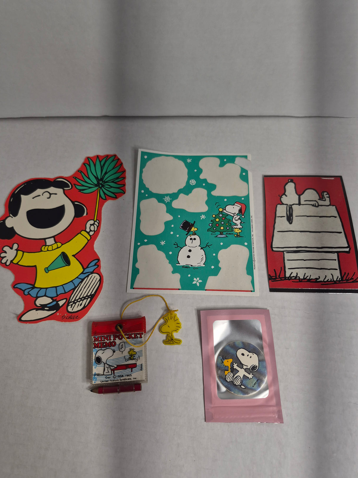 Peanuts Snoopy Collectibles Lot of 5 – Mini Pocket Memo with Pencil, Lucy Die-Cut, Picture Panel, Stickers