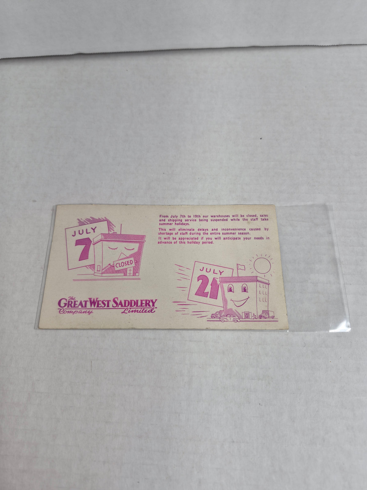 Great West Saddlery Company Vintage Ink Blotter Trade Card – Summer Holiday Closure Notice, July 7–21