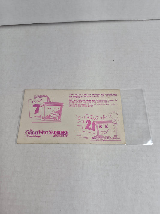 Great West Saddlery Company Vintage Ink Blotter Trade Card – Summer Holiday Closure Notice, July 7–21