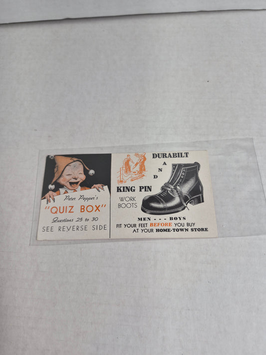 "Miner" Rubbers Advertising Ink Blotter — Peter Pepper's "Quiz Box," Durabilt & King Pin Work Boots, Farm Quiz Questions 25–30