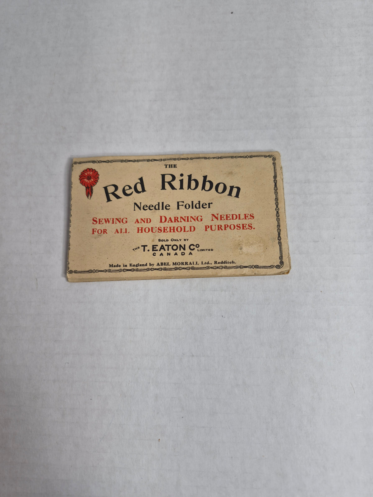 Eaton's Red Ribbon Needle Folder with Needles — T. Eaton Co. Canada, Made in England by Abel Morrall Ltd. Redditch, Excelsior & Royal Sharps Packets