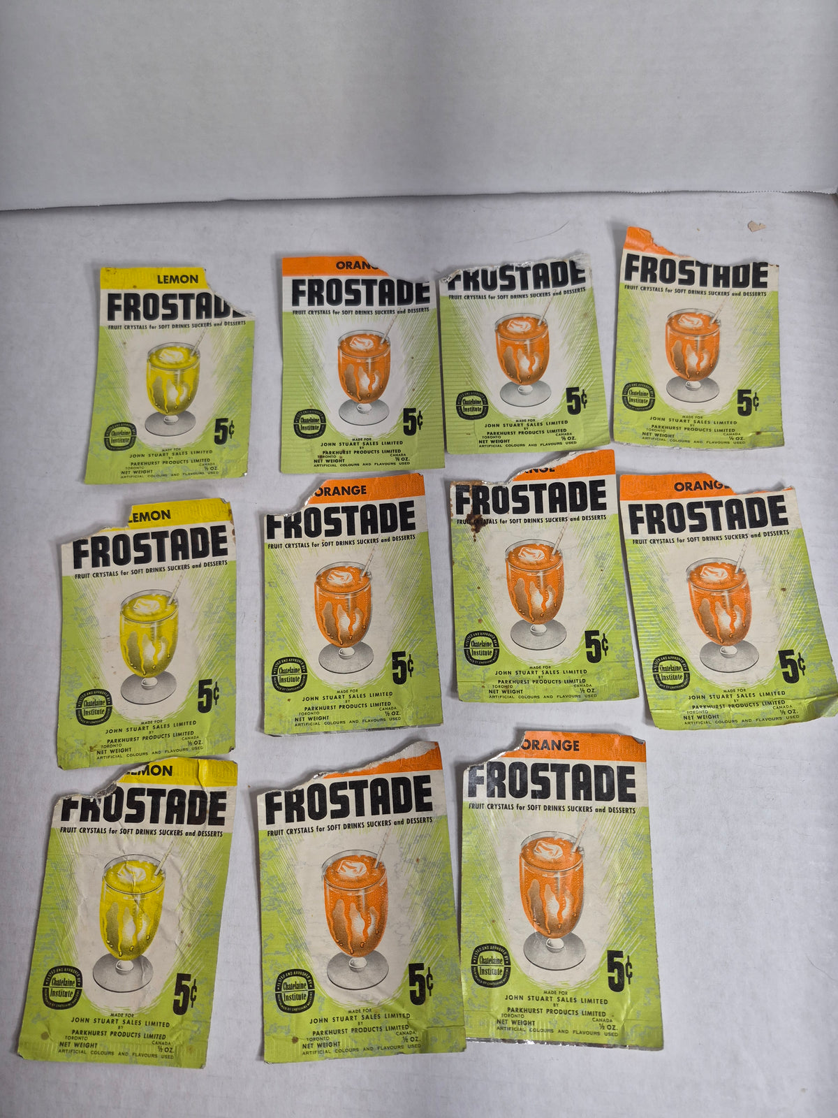 Vintage Frostade Drink Mix Packets Lot of 11 EMPTY Wrappers Orange Lemon Parkhurst Products Toronto Canada 5 Cent Fruit Crystals