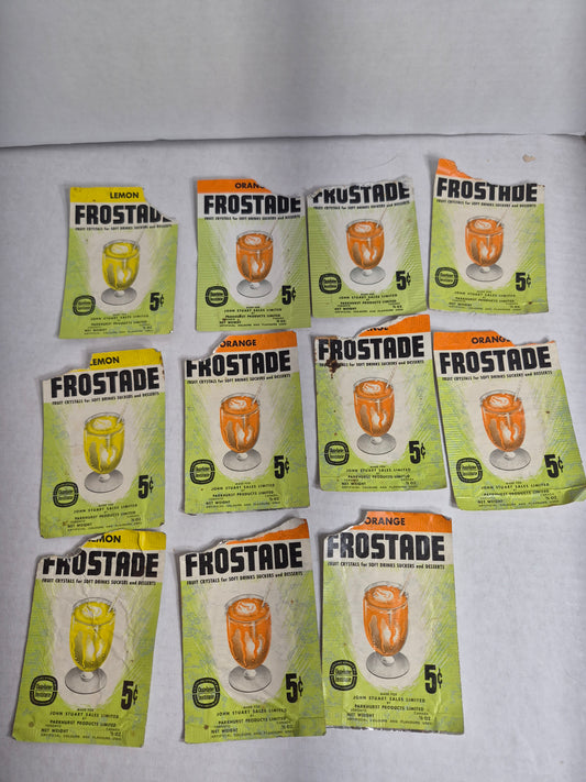 Vintage Frostade Drink Mix Packets Lot of 11 EMPTY Wrappers Orange Lemon Parkhurst Products Toronto Canada 5 Cent Fruit Crystals