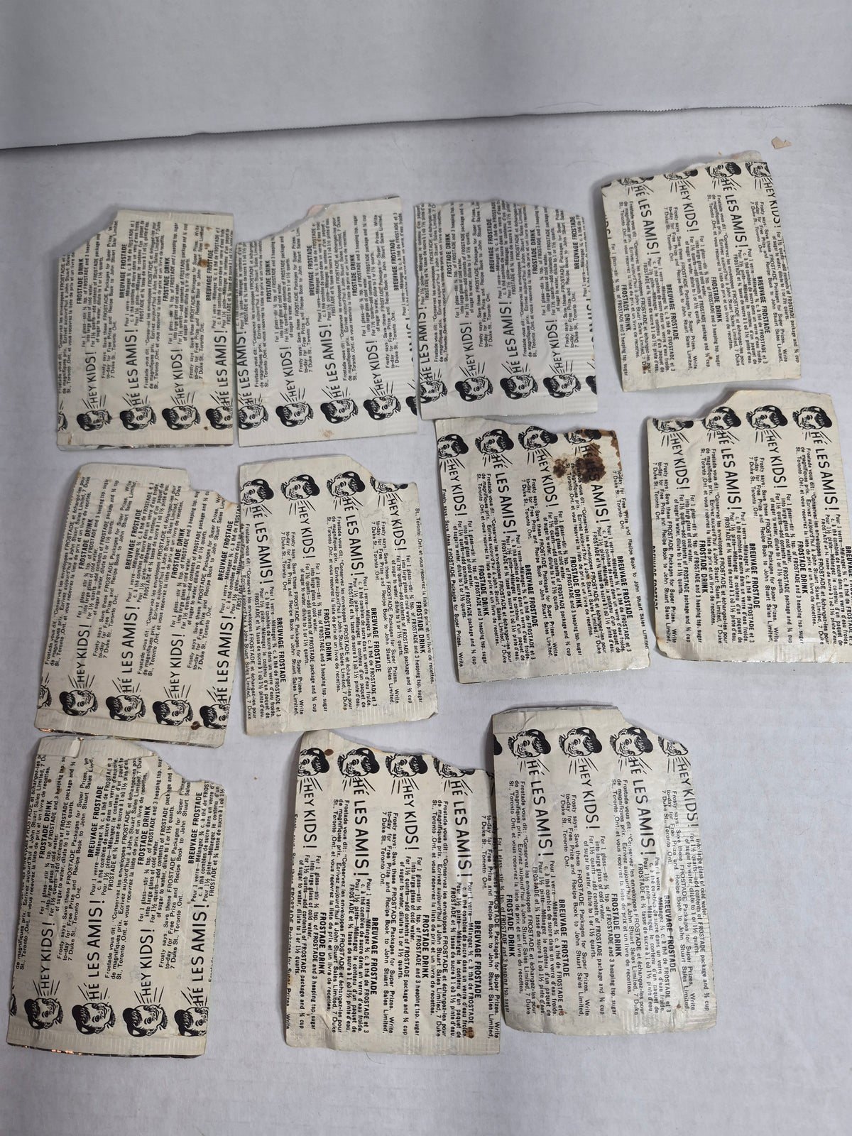 Vintage Frostade Drink Mix Packets Lot of 11 EMPTY Wrappers Orange Lemon Parkhurst Products Toronto Canada 5 Cent Fruit Crystals