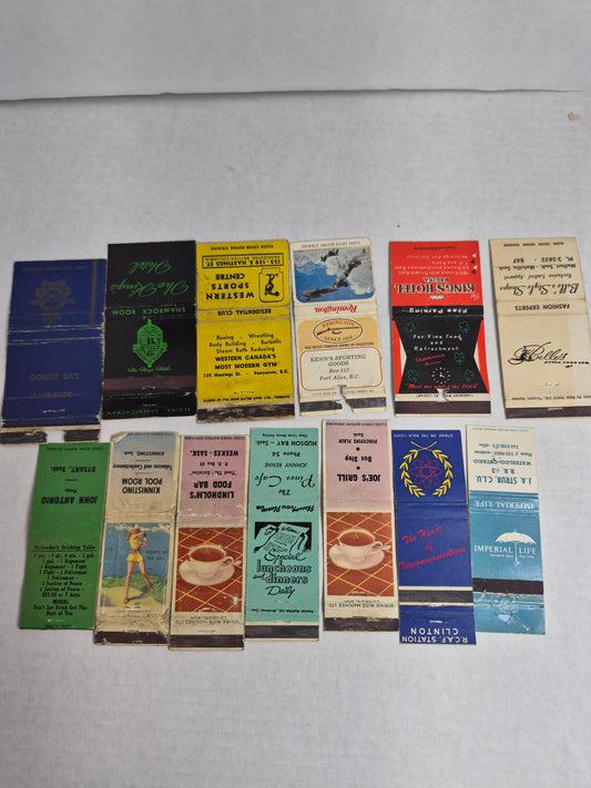 Vintage Matchbook Covers Lot of 13 Saskatchewan King's Hotel Regina RCAF Goose Bay & Clinton Remington Western Sports Centre Vancouver