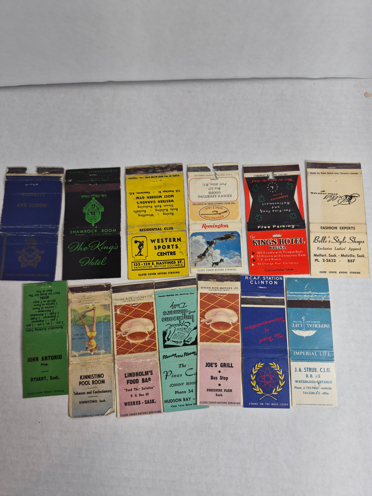 Vintage Matchbook Covers Lot of 13 Saskatchewan King's Hotel Regina RCAF Goose Bay & Clinton Remington Western Sports Centre Vancouver