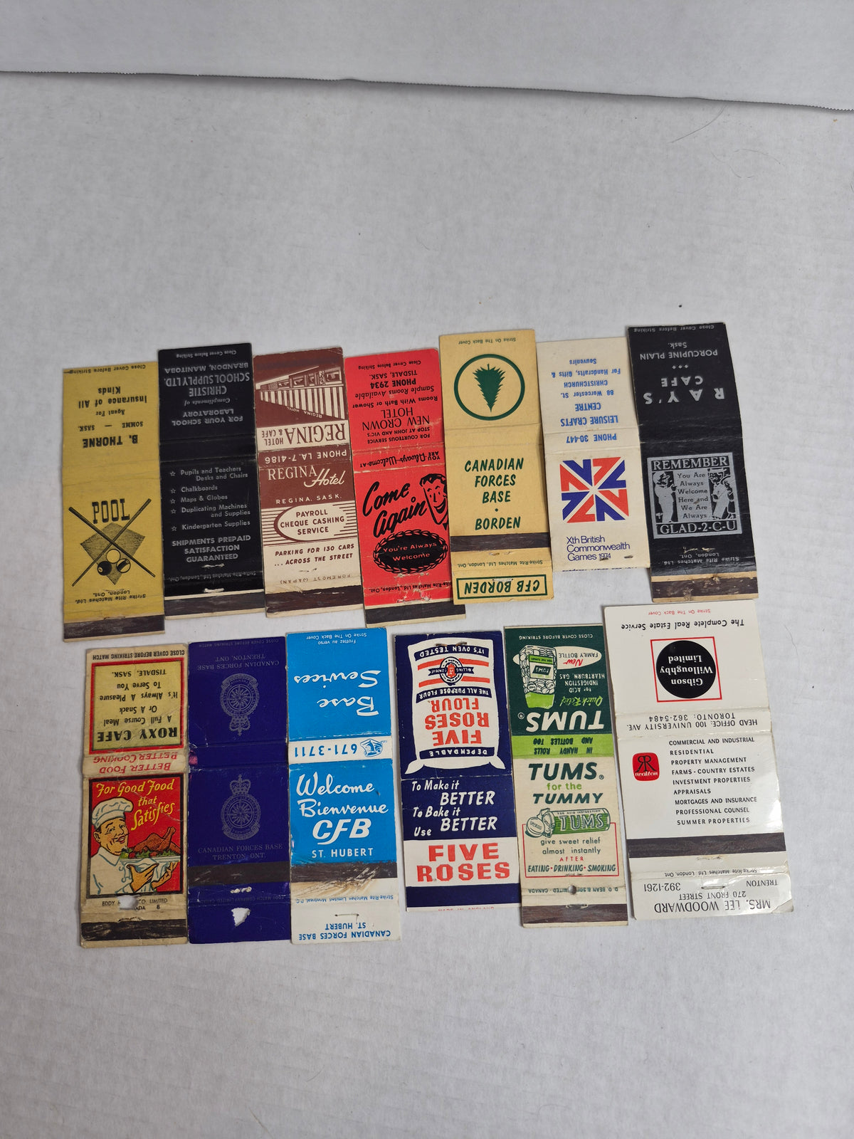 Vintage Matchbook Covers Lot of 13 CFB Borden CFB Trenton CFB St. Hubert Five Roses Flour Tums 1974 Commonwealth Games New Zealand Saskatchewan