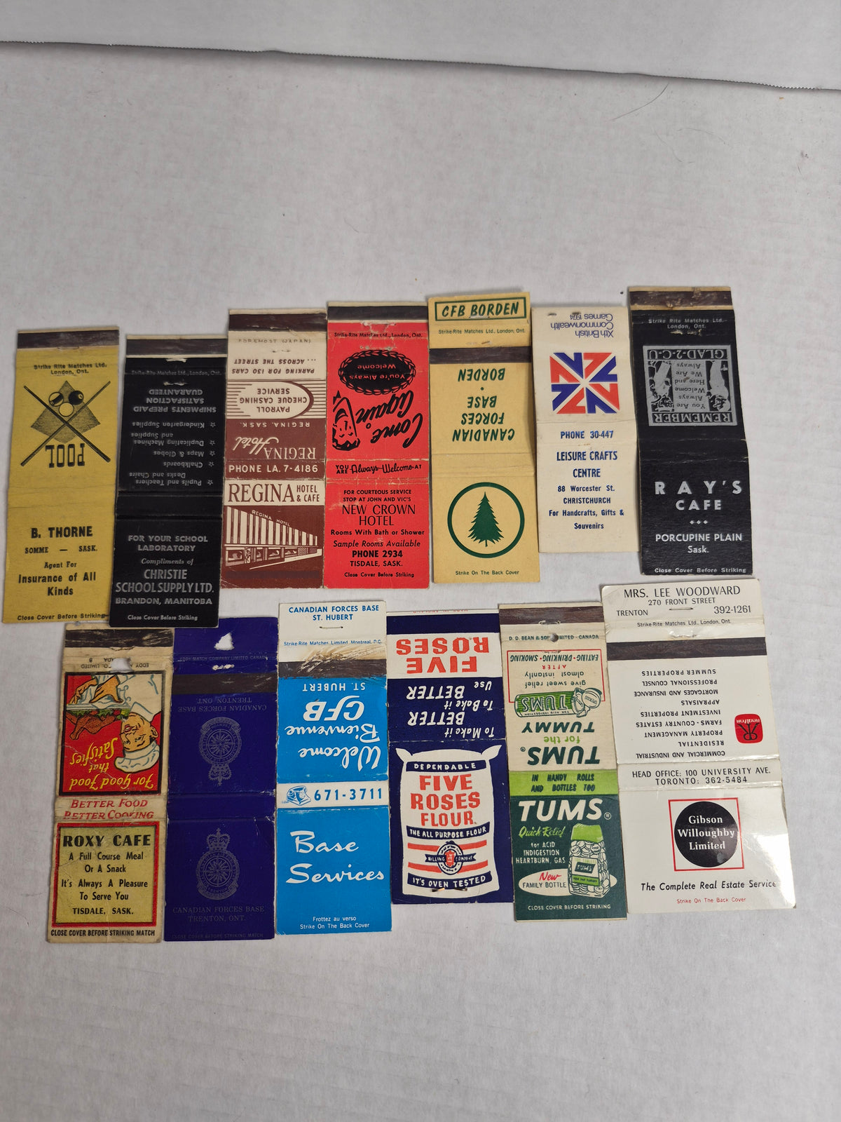 Vintage Matchbook Covers Lot of 13 CFB Borden CFB Trenton CFB St. Hubert Five Roses Flour Tums 1974 Commonwealth Games New Zealand Saskatchewan