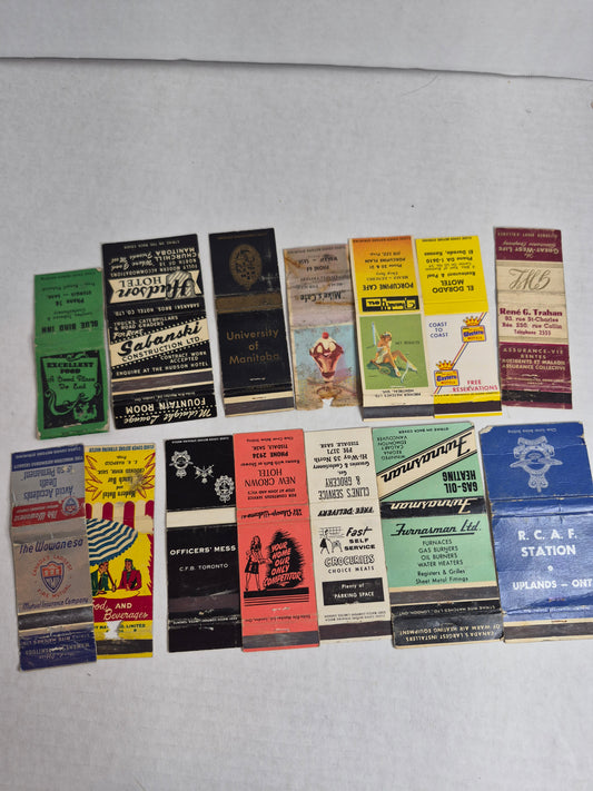 Vintage Matchbook Covers Lot of 14 RCAF Station Uplands CFB Toronto Officers' Mess Hudson Hotel Churchill University of Manitoba Saskatchewan Cafés