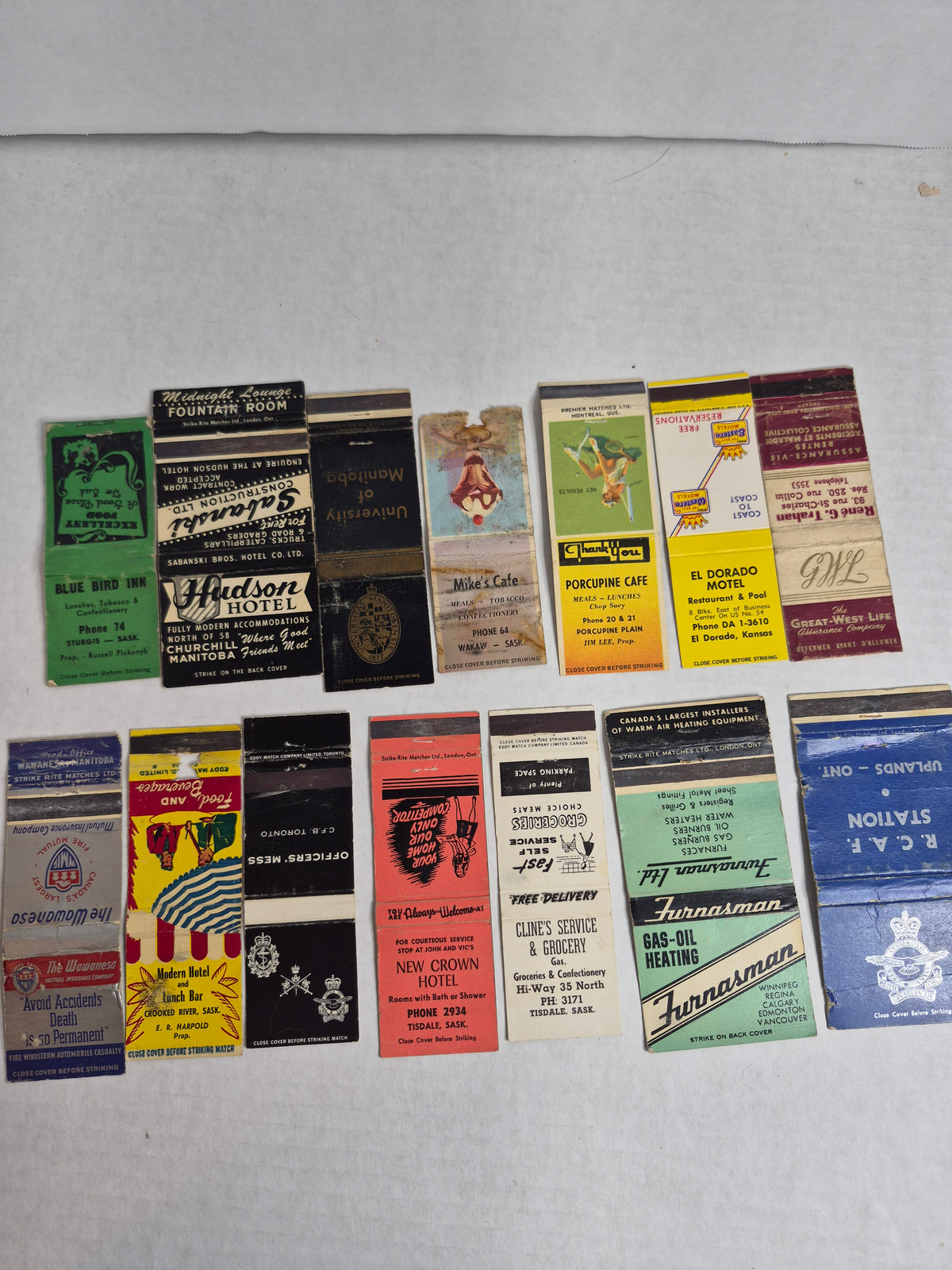 Vintage Matchbook Covers Lot of 14 RCAF Station Uplands CFB Toronto Officers' Mess Hudson Hotel Churchill University of Manitoba Saskatchewan Cafés