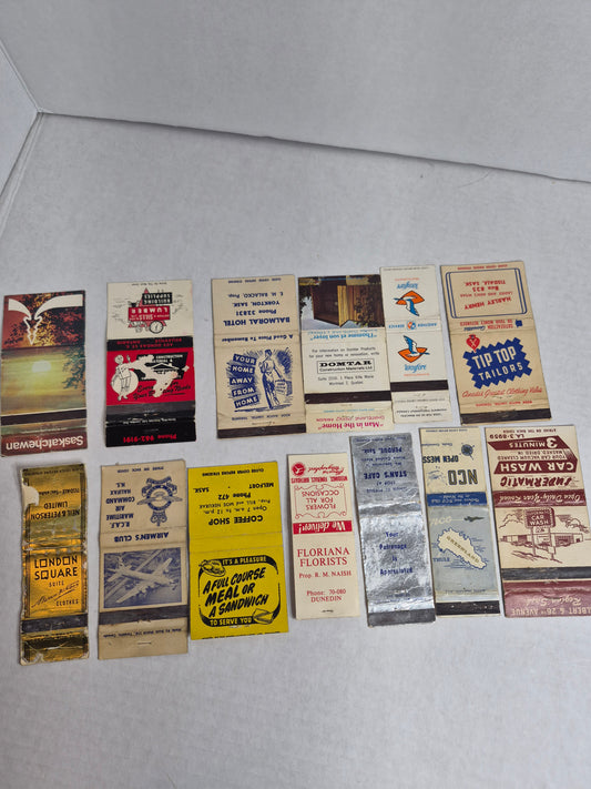 Vintage Matchbook Covers Lot of 13 — Saskatchewan Tourism Scenic, Thule Greenland NCO Open Mess, RCAF Maritime Air Command Halifax, Melfort Coffee Shop, Regina Car Wash
